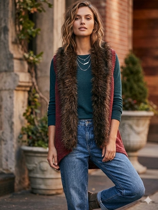 C Jackets & Blazers - C Burgundy Knit Vest with Brown Faux Fur Trim